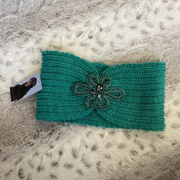 NWT! Green knit headband OS bling beaded rhinestones romantic quiet luxury fall - Picture 6 of 10